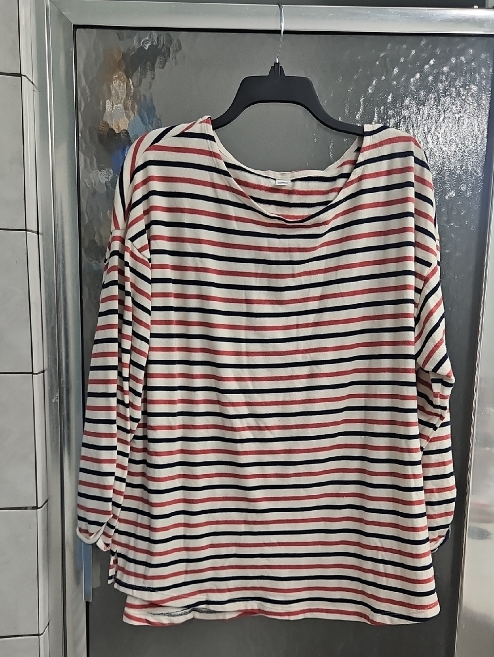 Old Navy Cream Long Sleeve Boatneck Top with Deep Mauve & Navy Stripes